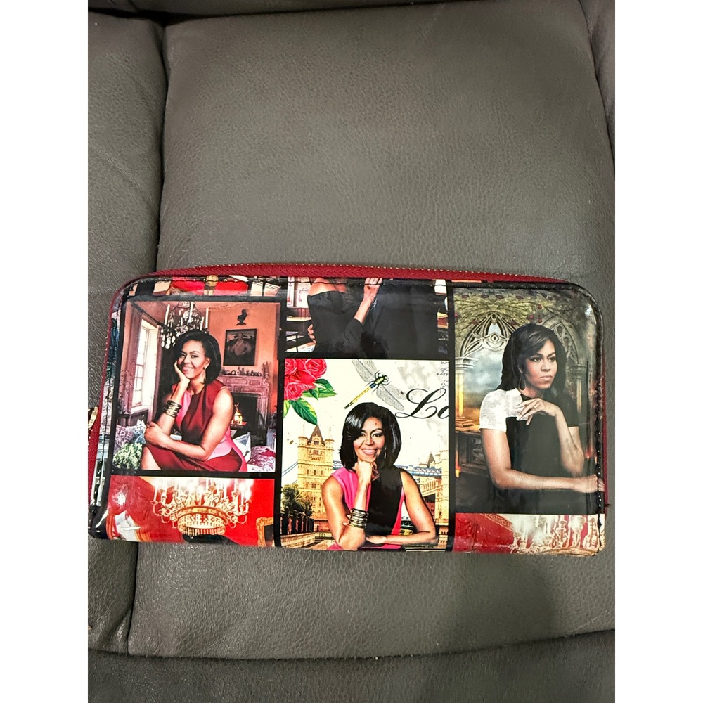 Michelle Obama Photo Collage Zip Around Wallet Red Multi Graphic Portrait